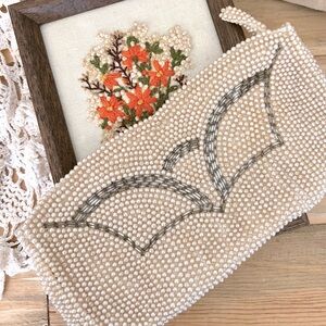 Vintage 1950's Pearl and silver beaded clutch bag regal luxury evening bag